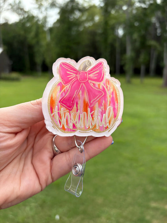 ID Holder/Badge Reel/Popsocket - Pink Thankful Pumpkin