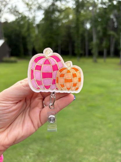 ID Holder/Badge Reel/Popsocket - Pink & Orange Plaid-Style Pumpkin
