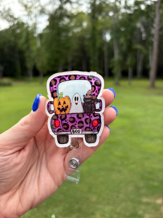 ID Holder/Badge Reel/Popsocket - Purple Leopard Halloween Truck