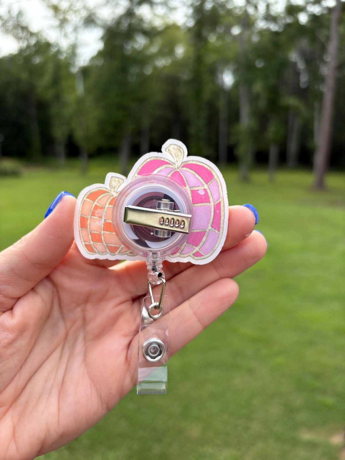 ID Holder/Badge Reel/Popsocket - Pink & Orange Plaid-Style Pumpkin
