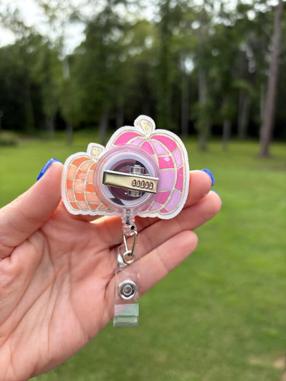 ID Holder/Badge Reel/Popsocket - Pink & Orange Plaid-Style Pumpkin