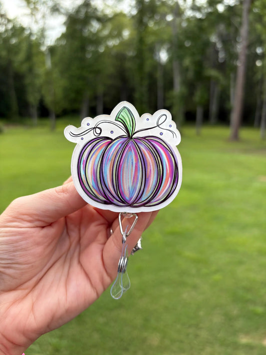 ID Holder/Badge Reel/Popsocket - Multicolor Brush-Stroke Pumpkin