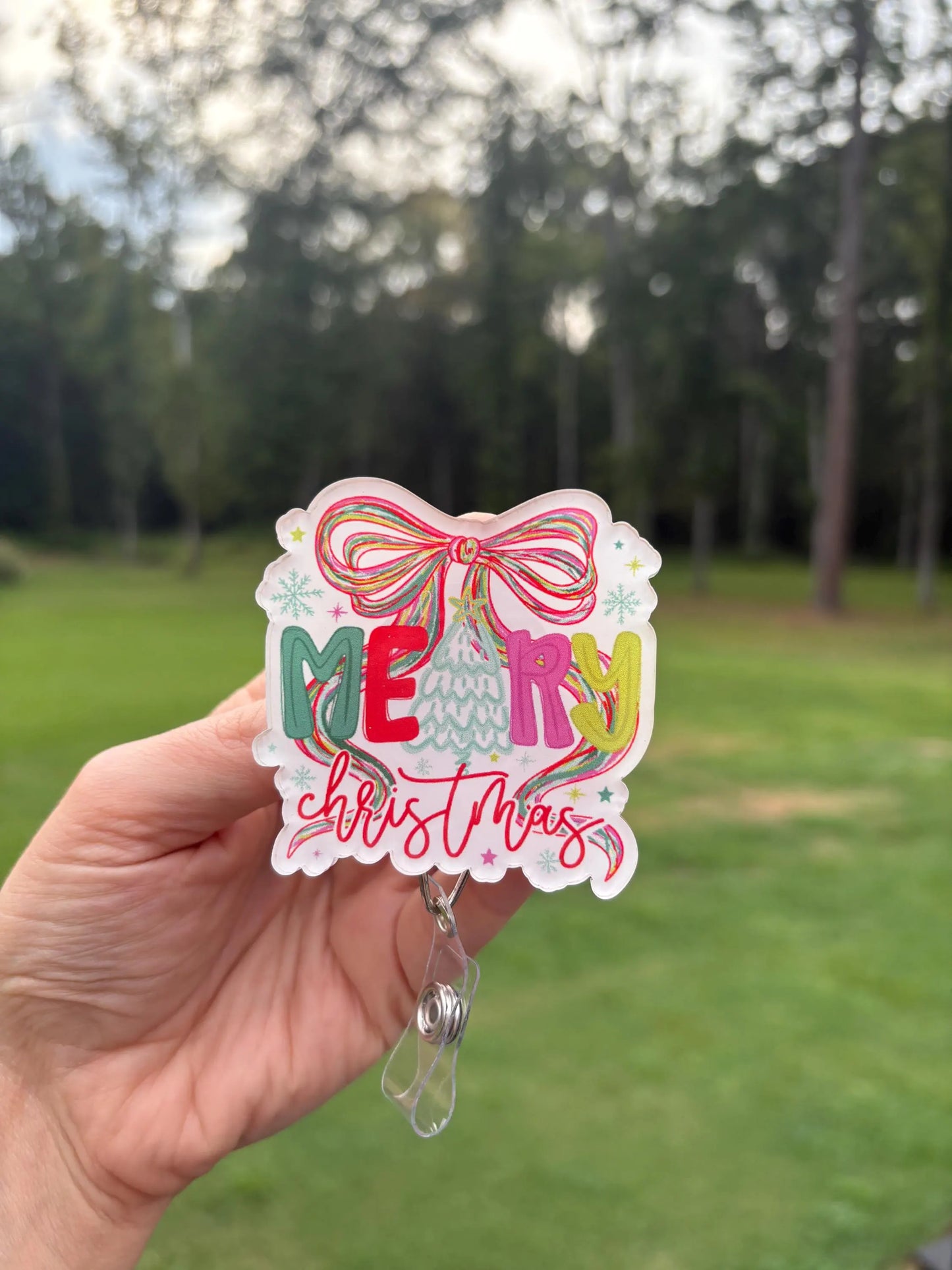 ID Holder/Badge Reel/Popsocket - Merry Christmas w/ Bow & Tree