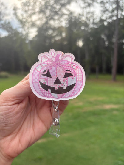 ID Holder/Badge Reel/Popsocket - Pink Jack-o-Lantern