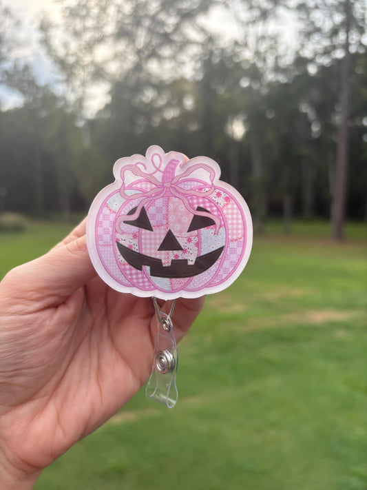 ID Holder/Badge Reel/Popsocket - Pink Jack-o-Lantern