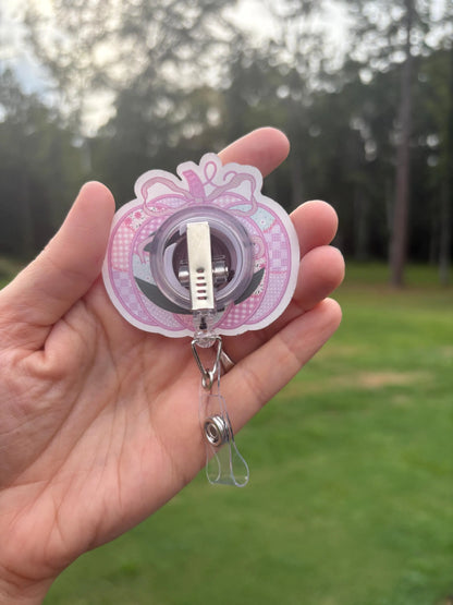 ID Holder/Badge Reel/Popsocket - Pink Jack-o-Lantern
