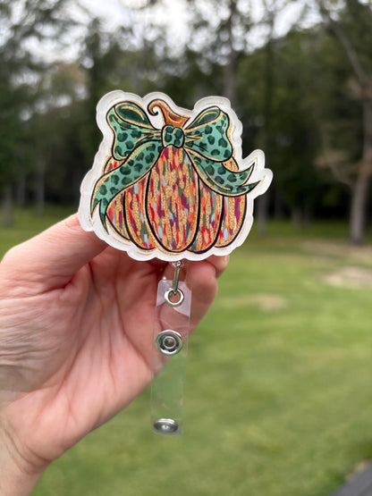ID Holder/Badge Reel/Popsocket - Fall Pumpkin with Green Bow