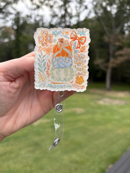ID Holder/Badge Reel/Popsocket - Stacked Floral Pumpkins