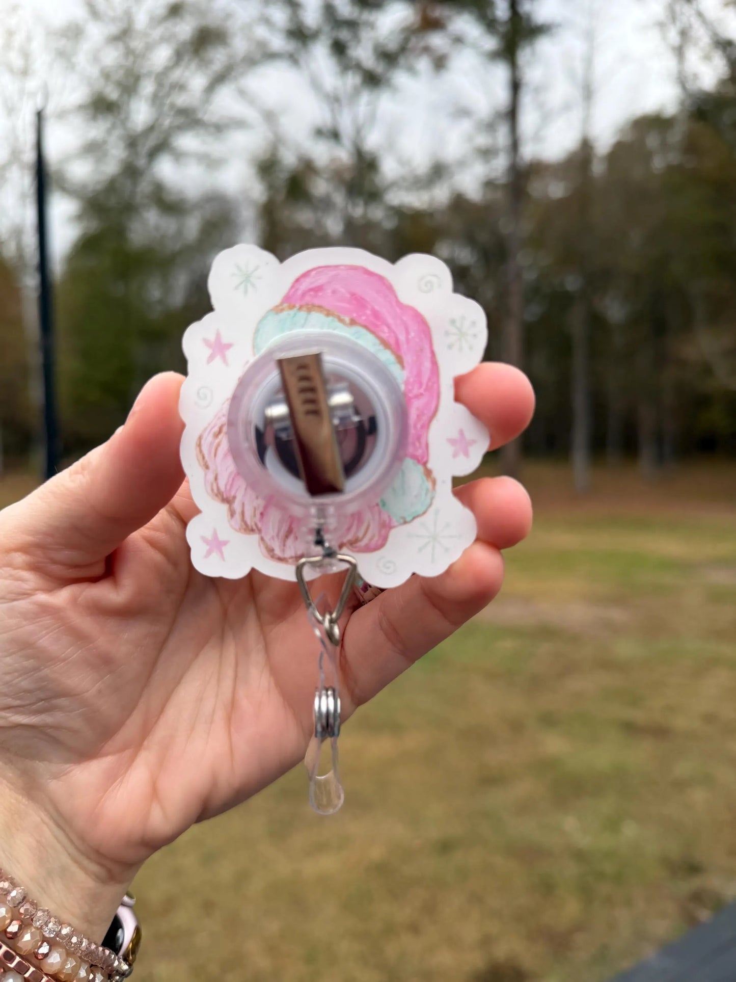 ID Holder/Badge Reel/Popsocket - Pink Santa