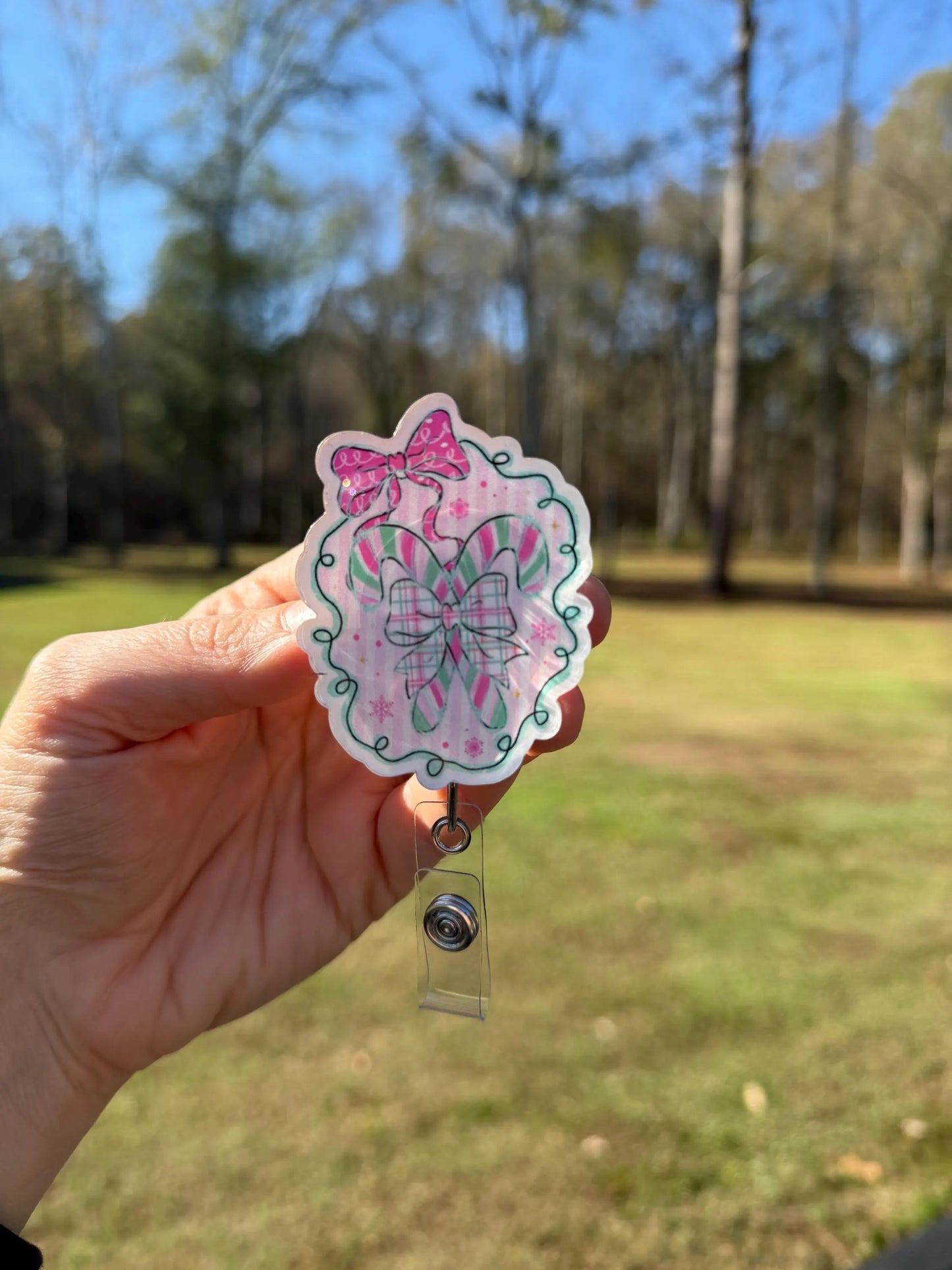 ID Holder/Badge Reel/Popsocket - Pink Candy Cane